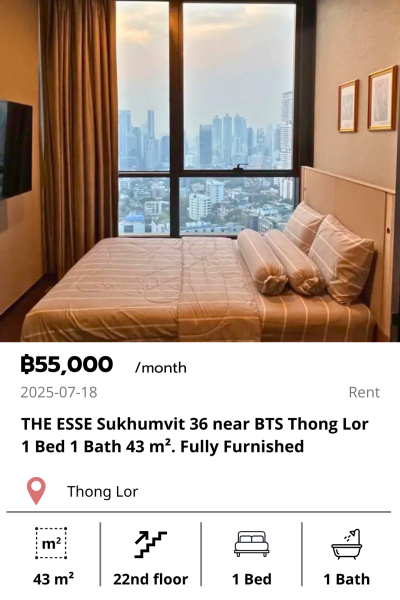 THE ESSE Sukhumvit 36 near BTS Thong Lor 1 Bed 1 Bath 43 m². Fully Furnished