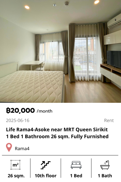Life Rama4-Asoke near MRT Queen Sirikit 1 Bed 1 Bathroom 26 sqm. Fully Furnished
