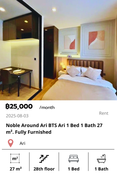 Noble Around Ari BTS Ari 1 Bed 1 Bath 27 m². Fully Furnished