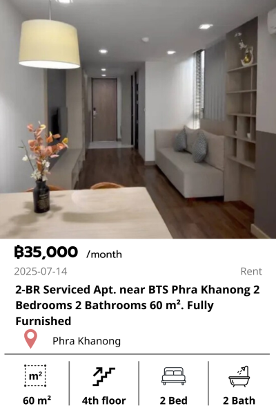 2-BR Serviced Apt. near BTS Phra Khanong 2 Bedrooms 2 Bathrooms 60 m². Fully Furnished