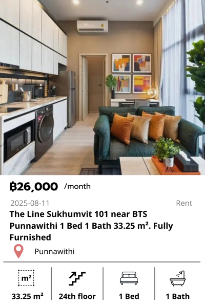 The Line Sukhumvit 101 near BTS Punnawithi 1 Bed 1 Bath 33.25 m². Fully Furnished