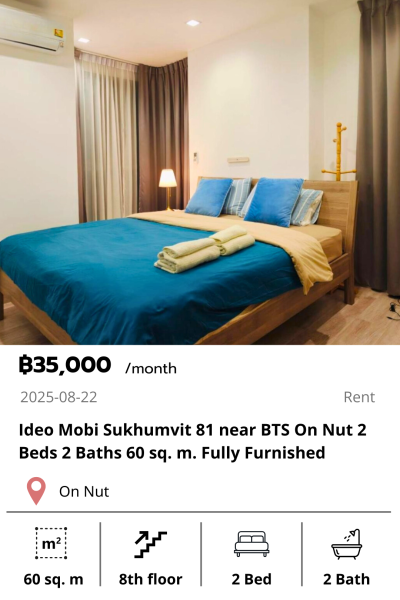 Ideo Mobi Sukhumvit 81 near BTS On Nut 2 Beds 2 Baths 60 sq. m. Fully Furnished