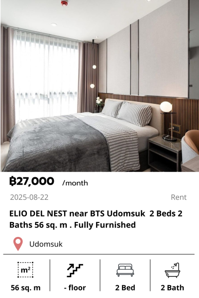 ELIO DEL NEST near BTS Udomsuk  2 Beds 2 Baths 56 sq. m . Fully Furnished