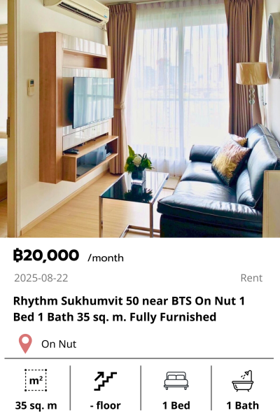 Rhythm Sukhumvit 50 near BTS On Nut 1 Bed 1 Bath 35 sq. m. Fully Furnished