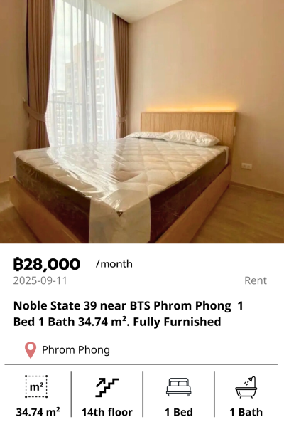 Noble State 39 near BTS Phrom Phong  1 Bed 1 Bath 34.74 m². Fully Furnished
