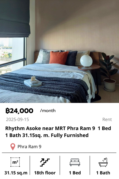 Rhythm Asoke near MRT Phra Ram 9  1 Bed 1 Bath 31.15sq. m. Fully Furnished