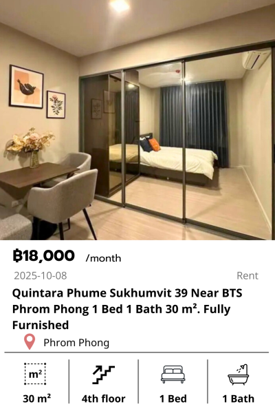 Quintara Phume Sukhumvit 39 Near BTS Phrom Phong 1 Bed 1 Bath 30 m². Fully Furnished