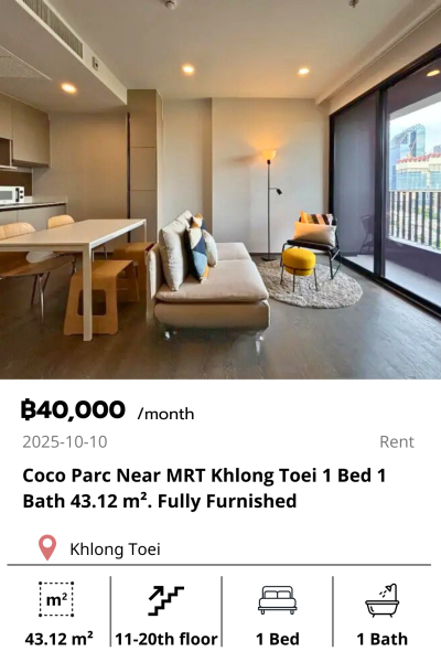 Coco Parc Near MRT Khlong Toei 1 Bed 1 Bath 43.12 m². Fully Furnished