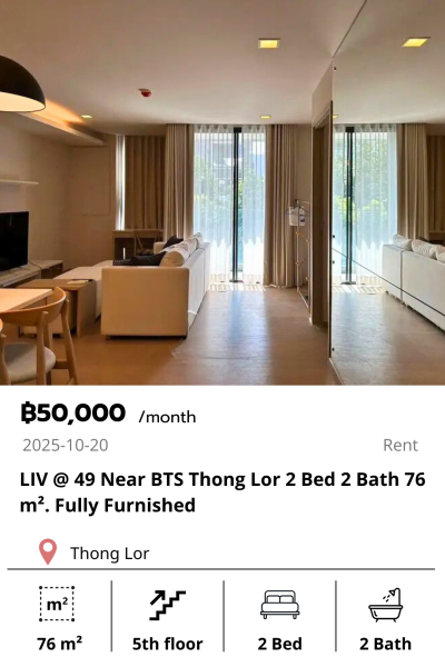 LIV @ 49 Near BTS Thong Lor 2 Bed 2 Bath 76 m². Fully Furnished