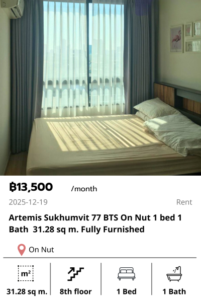 Artemis Sukhumvit 77 BTS On Nut 1 bed 1 Bath  31.28 sq m. Fully Furnished
