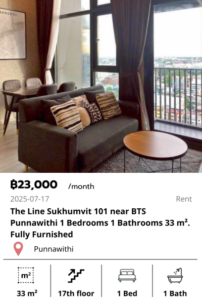 The Line Sukhumvit 101 near BTS Punnawithi 1 Bedrooms 1 Bathrooms 33 m². Fully Furnished