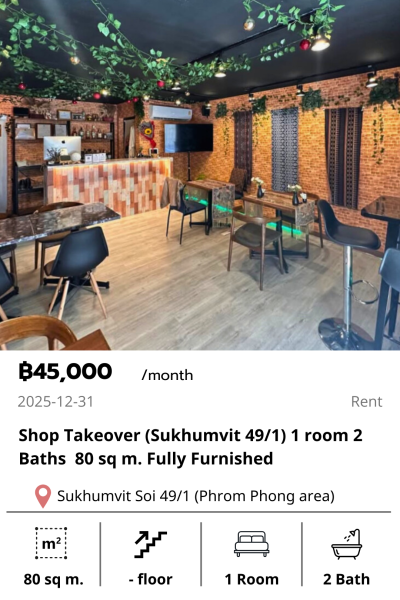 Shop Takeover (Sukhumvit 49/1) 1 room 2 Baths  80 sq m. Fully Furnished