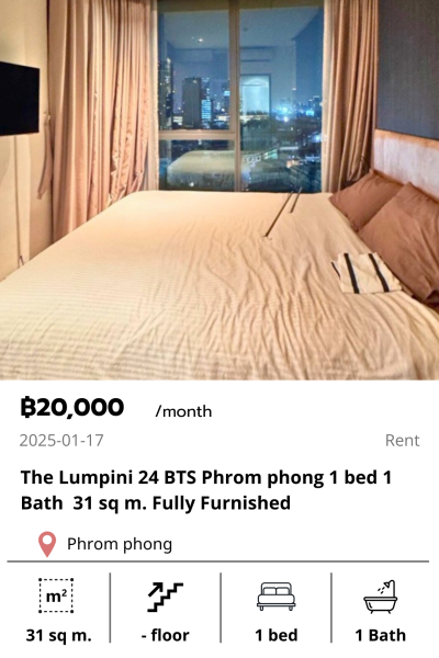 The Lumpini 24 BTS Phrom phong 1 bed 1 Bath  31 sq m. Fully Furnished