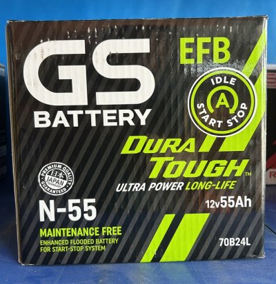 แบตเตอรี่รถยนต์ GS รุ่น N55 L EFB 55Ah. พร้อมใช้ไม่ต้องเติมน้ำ 