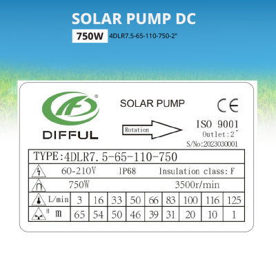 ปั๊มน้ำซับเมอร์สโซล่าร์เซลล์ แบรนด์ DIFFUL รุ่น 4DLR7.5-65-110-750-2" พร้อมกล่องควบคุม (DC Controller)