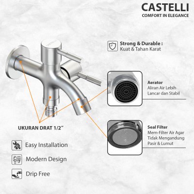 Keran Dinding Castelli Kran Tembok 2 Cabang 2 Way Bib Cock - 1475399-BS