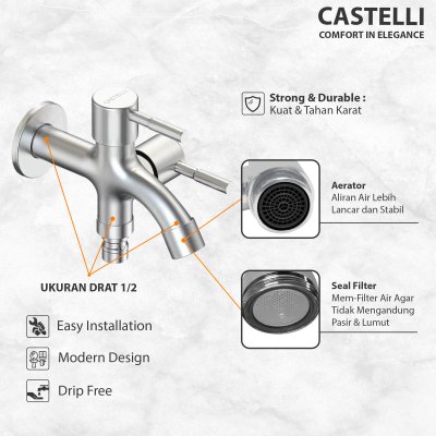 Paket Bundling CASTELLI Kran Dinding 2 Cabang 1475399-BS + Shower Bar 1 Set 1456048