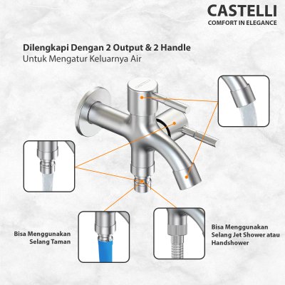 Paket Bundling CASTELLI Kran Dinding 2 Cabang 1475399-BS + Shower Bar 1 Set 1456048