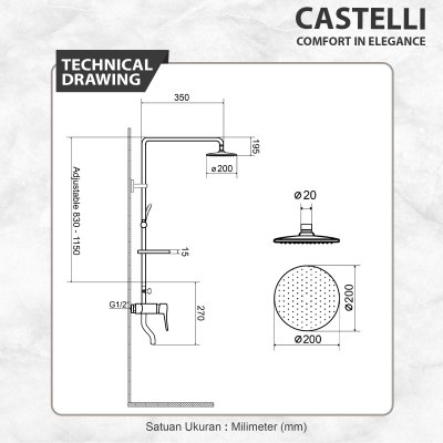 Rain Shower Castelli Shower Mixer 1 Set Dengan 5 Fungsi - 1426572
