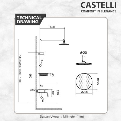 Rain Shower Castelli Single Handle Rain Shower Mixer Set Dengan 3 Fungsi - 1496582-CR