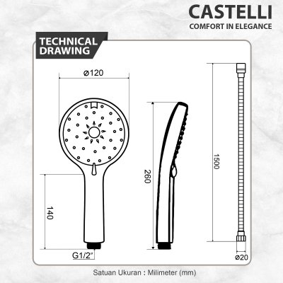Rain Shower Castelli Single Handle Rain Shower Mixer Set Dengan 3 Fungsi - 1496582-CR