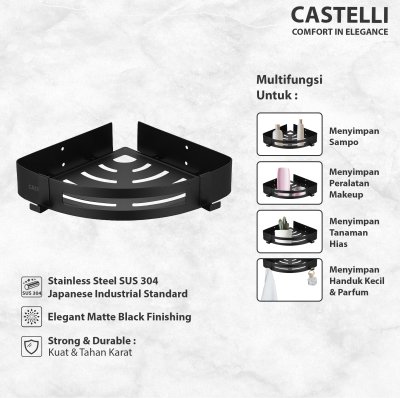 Rak Dinding Sudut Serbaguna Castelli Corner Basket Elegant Matte Black - 1405614