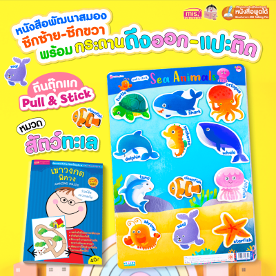 หนังสือเสริมพัฒนาสมองซีกซ้าย-ซีกขวา พร้อมกระดานดึงออก-แปะติด ตีนตุ๊กแก Pull  & Stick : สัตว์ทะเล