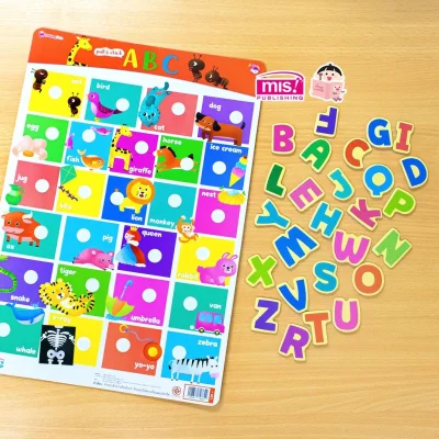 หนังสือเสริมพัฒนาสมองซีกซ้าย-ซีกขวา พร้อมกระดานดึงออก-แปะติด ตีนตุ๊กแก Pull  & Stick หมวด ABC
