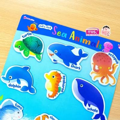 หนังสือเสริมพัฒนาสมองซีกซ้าย-ซีกขวา พร้อมกระดานดึงออก-แปะติด ตีนตุ๊กแก Pull  & Stick : สัตว์ทะเล