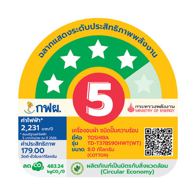 โตชิบา 8 กก. เครื่องอบผ้า รุ่น TD-T37BS90HWT(WT) เทคโนโลยี HEAT PUMP
