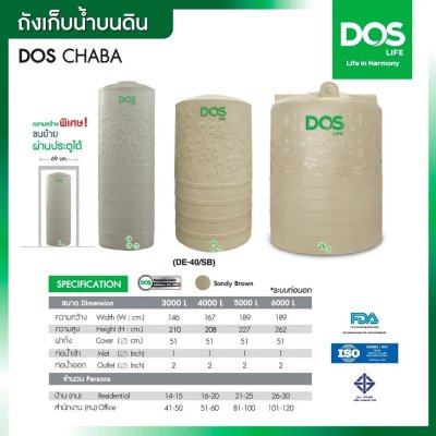 ถังเก็บน้ำบนดิน DOS CHABA 700L.(DE-40/SB-700L)แกรนิต