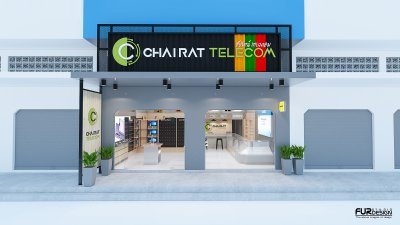 ออกแบบ 3D ร้านจำหน่ายมือถือ ร้าน ชัยรัตน์   อ.จอมพระ จ. สุรินทร์ ขนาดพื้นที่ 64 ตารางเมตร 