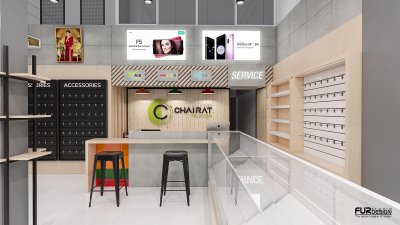 ออกแบบ 3D ร้านจำหน่ายมือถือ ร้าน ชัยรัตน์   อ.จอมพระ จ. สุรินทร์ ขนาดพื้นที่ 64 ตารางเมตร 