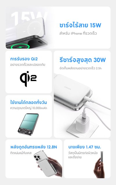 Anker 331 MagGo Battery PowerCore แบตสำรองไร้สาย แบตเตอรี่ 5000mAh รองรับตั้งแต่  iPhone 12mini ขึ้นไป