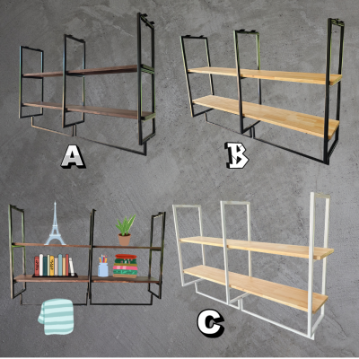 ไม้แท้ ชั้นวางของติดเพดาน แบบ A ชั้นไม้ 2 ชั้น  เหล็กสีดำ ไม้สีโอ๊ต เคลือบ PU ฟรีพร้อมราวแขวน