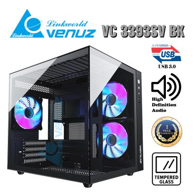 VENUZ micro ATX Tempered Glass Gaming Case SEA VIEW VC 3393SV with 12cm Mirror Rainbow RGB Fan x 3 – Black