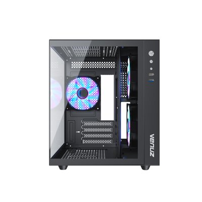 VENUZ micro ATX Tempered Glass Gaming Case SEA VIEW VC 3393SV with 12cm Mirror Rainbow RGB Fan x 3 – Black