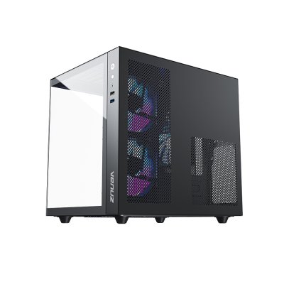VENUZ micro ATX Tempered Glass Gaming Case SEA VIEW VC 3393SV with 12cm Mirror Rainbow RGB Fan x 3 – Black