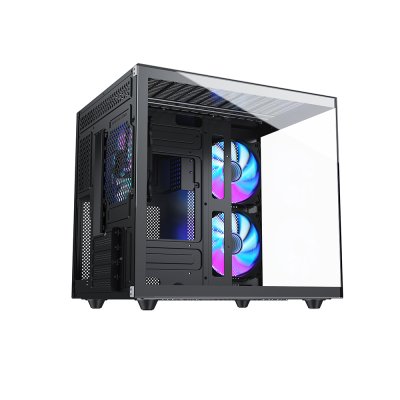 VENUZ micro ATX Tempered Glass Gaming Case SEA VIEW VC 3393SV with 12cm Mirror Rainbow RGB Fan x 3 – Black