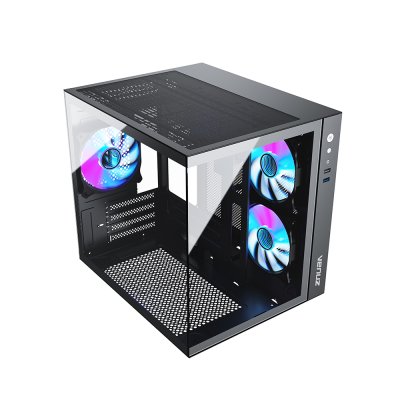 VENUZ micro ATX Tempered Glass Gaming Case SEA VIEW VC 3393SV with 12cm Mirror Rainbow RGB Fan x 3 – Black