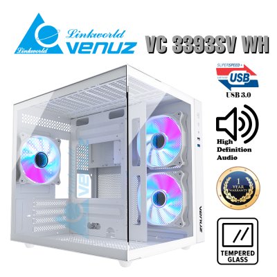 VENUZ micro ATX Tempered Glass Gaming Case SEA VIEW VC 3393SV with 12cm Mirror Rainbow RGB Fan x 3 – White