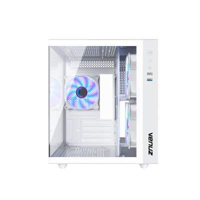 VENUZ micro ATX Tempered Glass Gaming Case SEA VIEW VC 3393SV with 12cm Mirror Rainbow RGB Fan x 3 – White