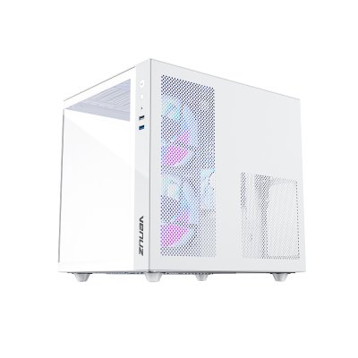 VENUZ micro ATX Tempered Glass Gaming Case SEA VIEW VC 3393SV with 12cm Mirror Rainbow RGB Fan x 3 – White