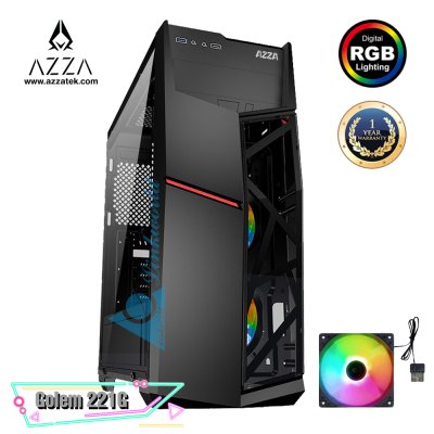 AZZA ATX Mid Tower Tempered Glass Gaming Case GOLEM 221G with VF1299 12cm Rainbow RGB Fan x 2  – Black