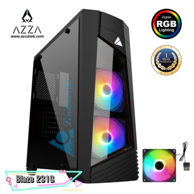 AZZA ATX Mid Tower Tempered Glass RGB Gaming Case BLAZE 231G  with VF1299 12cm Rainbow RGB Fan x 2  – Black