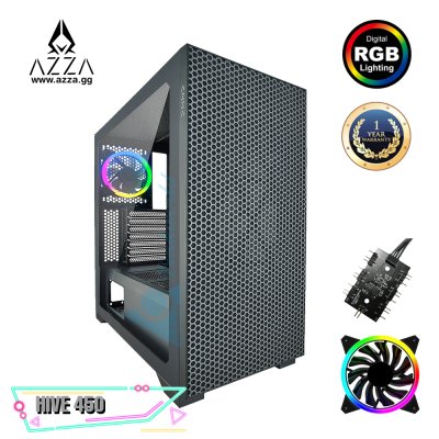 AZZA ATX Mid Tower Tempered Glass ARGB Gaming Case  HIVE 450 with 12cm ARGB Fan x 1 & ARGB Control Board  – Black