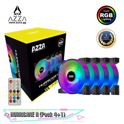 AZZA Dual Ring ARGB 120mm PWM PC Case Fan HURRICANE II with RF Remote – Black (Pack4+1)