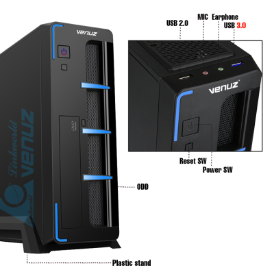 VENUZ Slim micro ATX computer case 103B Black/Blue with PSU 200W