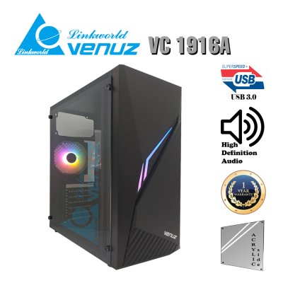 VENUZ Acrylic Side ATX Computer Case VC 1916A with RGB LED Strip & VF1299 12cm Rainbow RGB Fan x 1 – Black