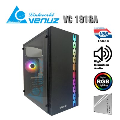 VENUZ Acrylic Side ATX Computer Case VC 1918A with RGB LED Strip & VF1299 12cm Rainbow RGB Fan x 1 – Black